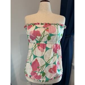 LILLY PULITZER Floral Print Strapless Ruffle Top Size L Flowers Spring Earthy